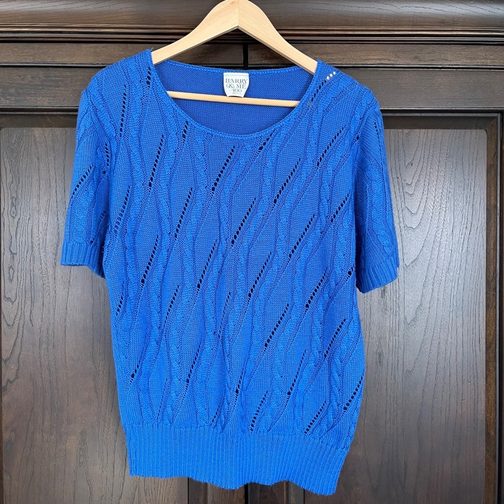 BARRY & ME TOO Short Sleeve Open Knit Sweater Womens L Vibrant Blue Made in USA